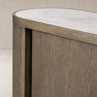 Eleni Sideboard in weathered dark oak with smooth curved edges and soft finish.