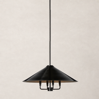 Antique brass iron chandelier with a wide, conical shade and modern design.