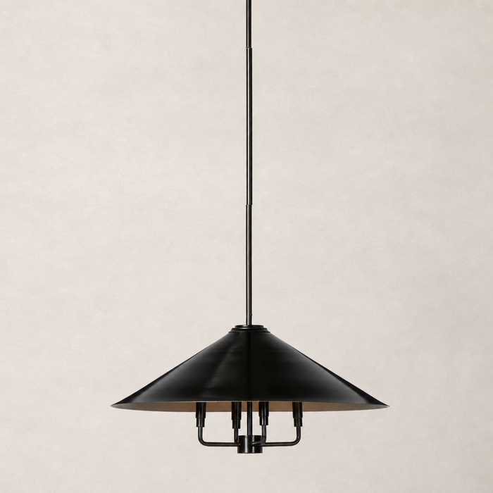 Antique brass iron chandelier with a wide, conical shade and modern design.