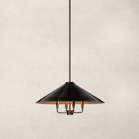 Antique brass iron chandelier with a conical shade and elegant design.