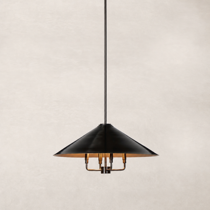 Antique brass iron chandelier with a conical shade and elegant design.