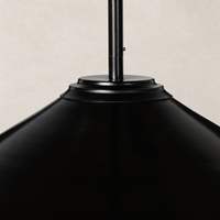 Antique brass iron chandelier with a sleek, modern cone-shaped design.