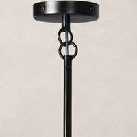 Antique brass iron chandelier with a sleek cylindrical design and decorative chain detail.