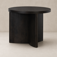 Rumi End Table featuring a round top and sculptural wood base in dark finish.