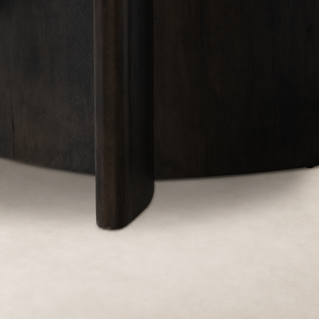 Rumi End Table featuring smooth edges and a dark wood finish in a minimalist design.