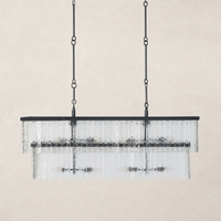 Antiqued iron linear chandelier with glass ribbed shades and adjustable chain.