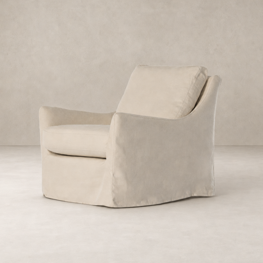 Carmel Slipcover Swivel Chair in Brussels Natural with soft fabric and ergonomic design.