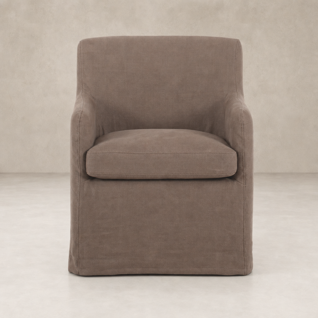 Brussels Mushroom slipcover dining chair with soft fabric and modern design.