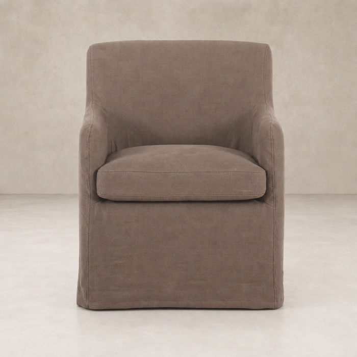 Brussels Mushroom slipcover dining chair with soft fabric and modern design.