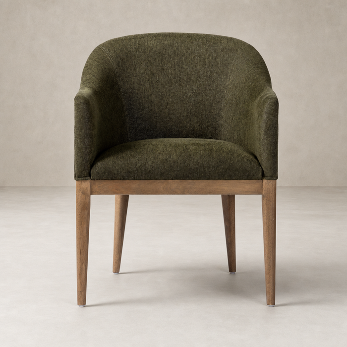 Preston Dining Chair in Sutton Olive featuring a curved back and wooden legs.