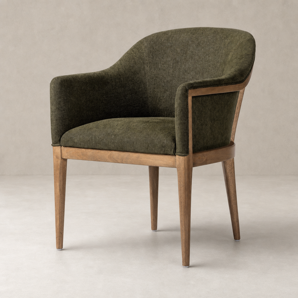 Preston Dining Chair in Sutton Olive with a curved back and wooden legs.