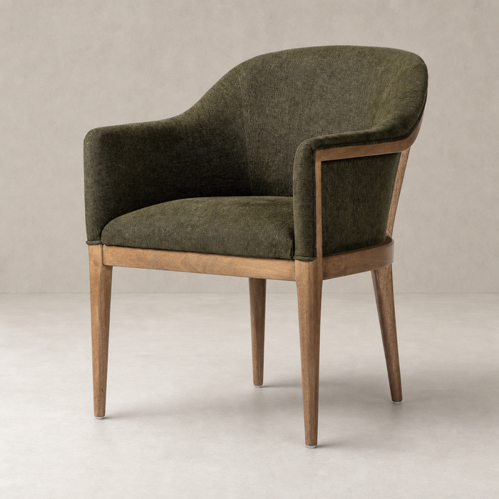 Preston Dining Chair in Sutton Olive with a curved back and wooden legs.