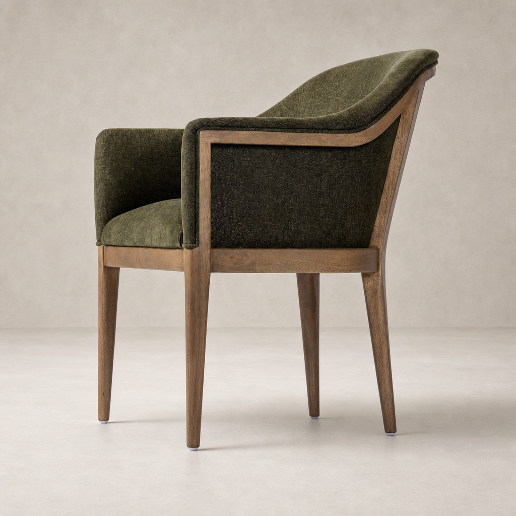 Preston Dining Chair in Sutton Olive with curved back and wooden legs.