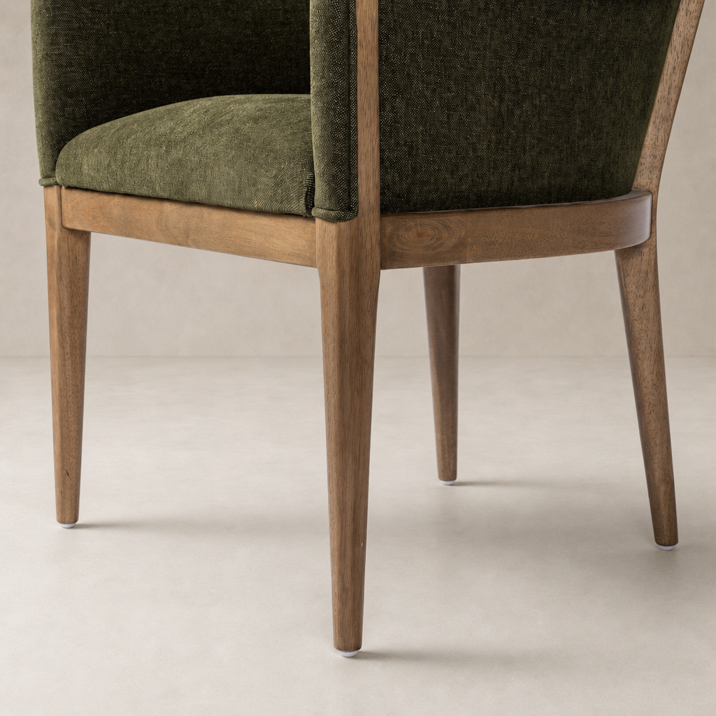 Preston Dining Chair in Sutton Olive with tapered wooden legs and textured fabric.