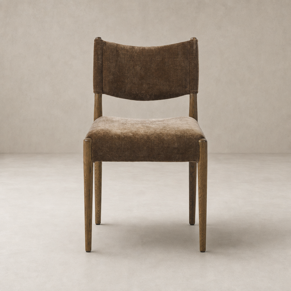 Mira Armless Dining Chair in Altair Mushroom with textured fabric and minimalist design.