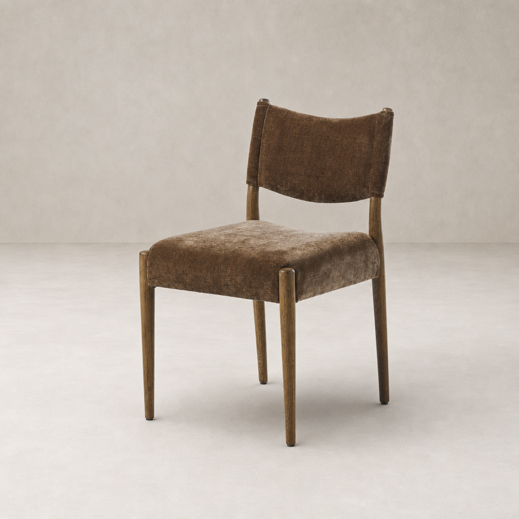 Mira Armless Dining Chair in Altair Mushroom with soft fabric and wooden legs.