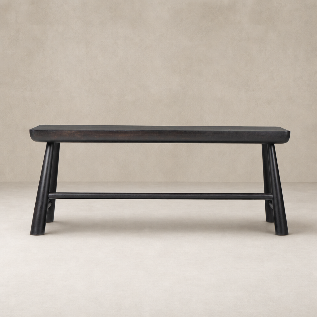Koa Desk with a sleek, minimal design in worn black acacia wood.