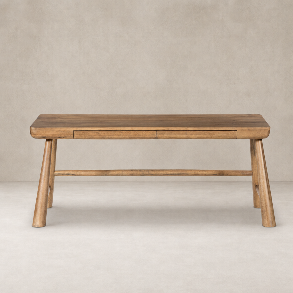 Caramel Rubberwood Koa Desk featuring a sleek, minimalist design and two drawers.