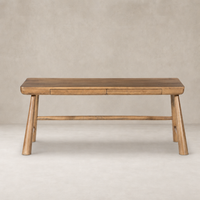 Caramel Rubberwood Koa Desk featuring a sleek, minimalist design and two drawers.