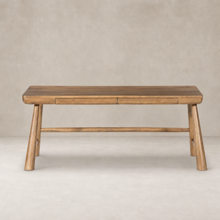 Caramel Rubberwood Koa Desk featuring a sleek, minimalist design and two drawers.