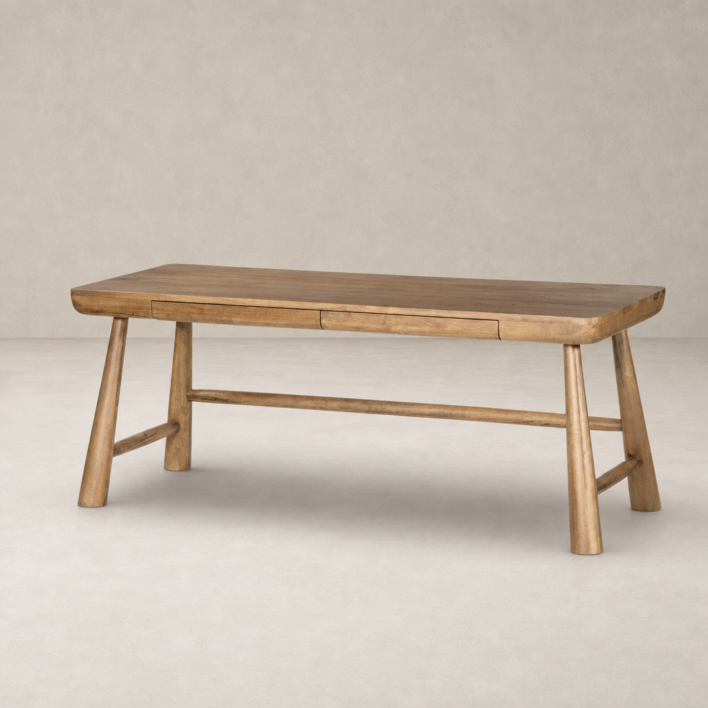 Koa Desk in caramel rubberwood featuring a sleek tabletop and sturdy legs.