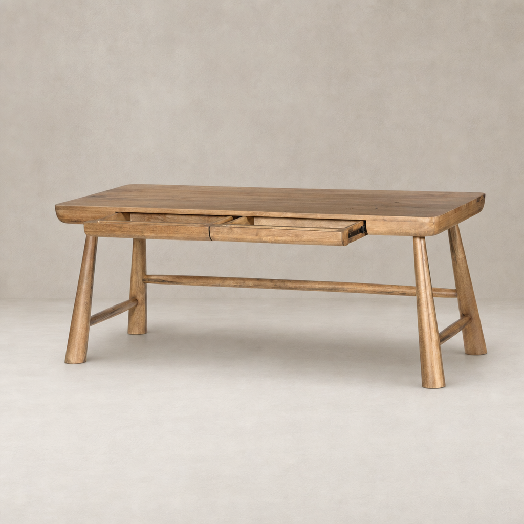 Koa Desk in caramel rubberwood featuring a minimalist design and two spacious drawers.