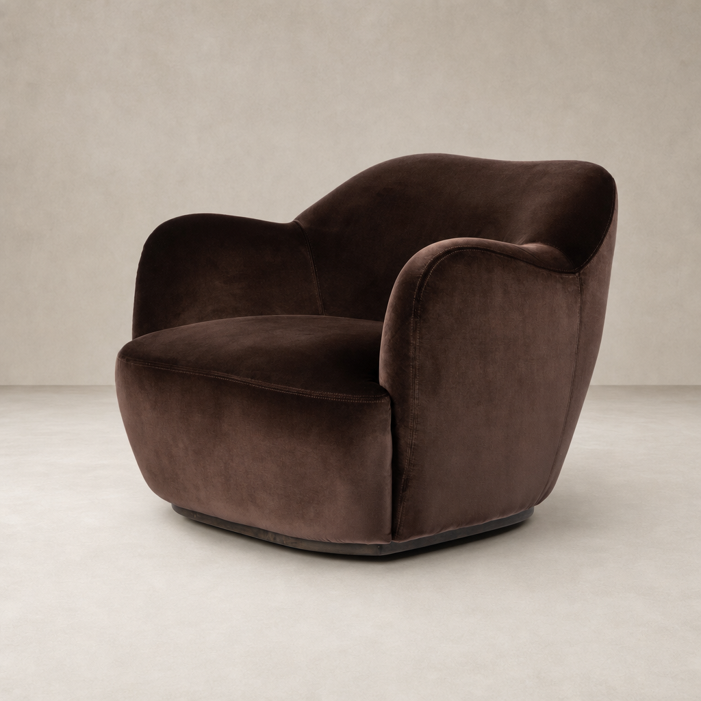 Poppy Swivel Chair in Surrey Cocoa with soft, rounded arms and plush upholstery.
