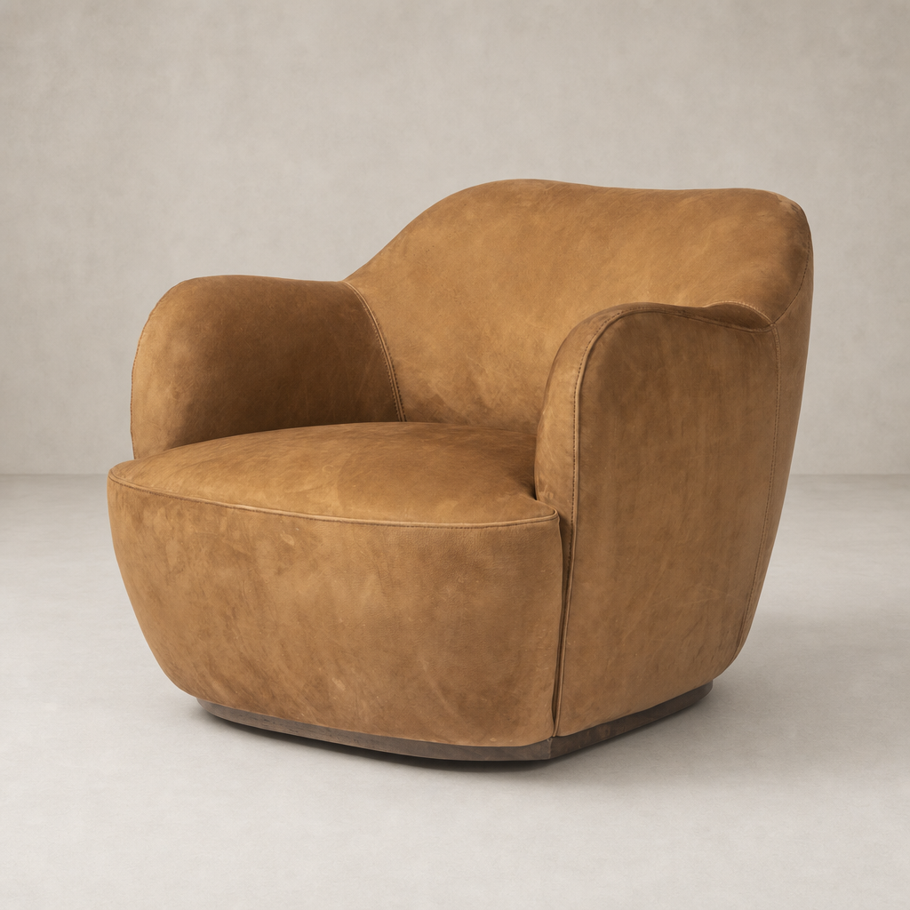 Poppy Swivel Chair in Nubuck Cognac with rounded shape and soft, plush texture.