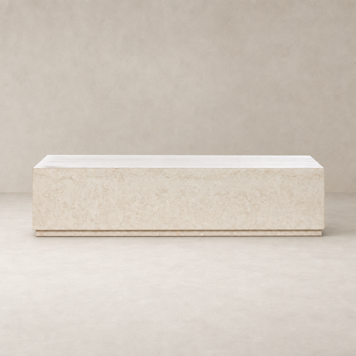 Ashland Outdoor Rectangular Coffee Table in outdoor cream marble with a sleek, modern design.
