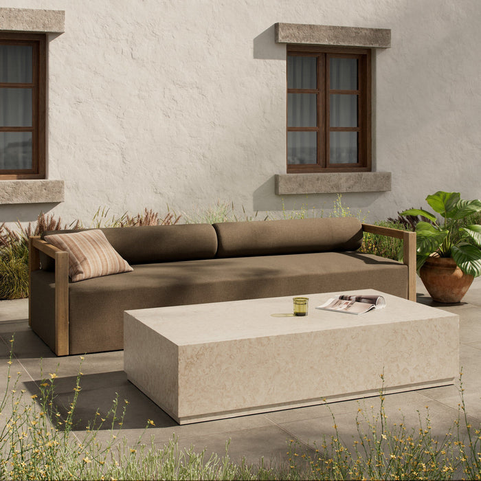 Ashland Outdoor Rectangular Coffee Table in outdoor cream marble, featuring a sleek rectangular design.