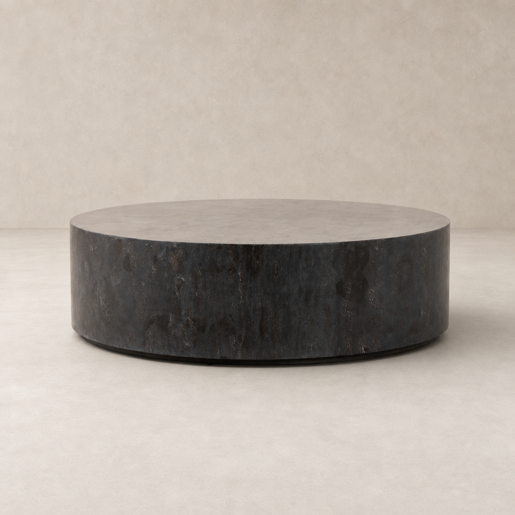 Milo Coffee Table in bluestone featuring a sleek, round design with textured finish.