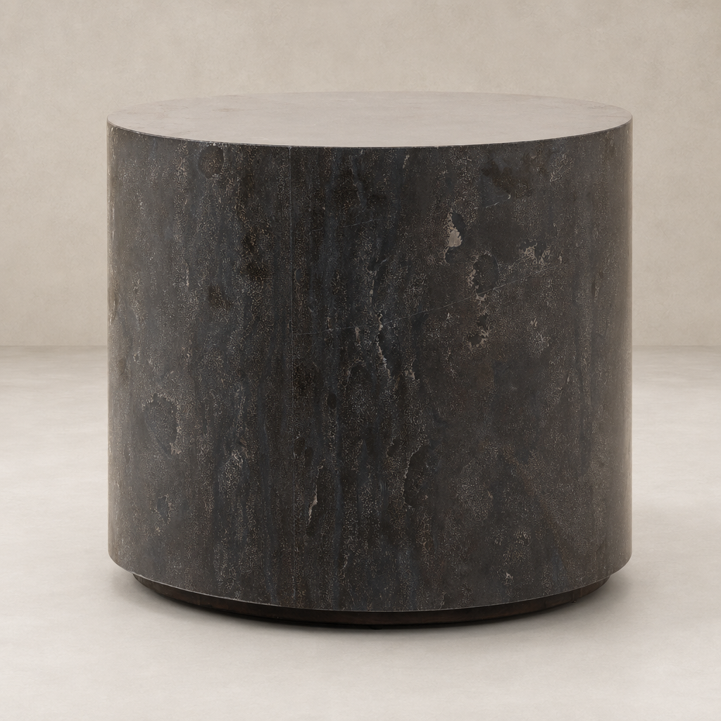 Keller End Table featuring a sleek, round design with a textured dark finish.