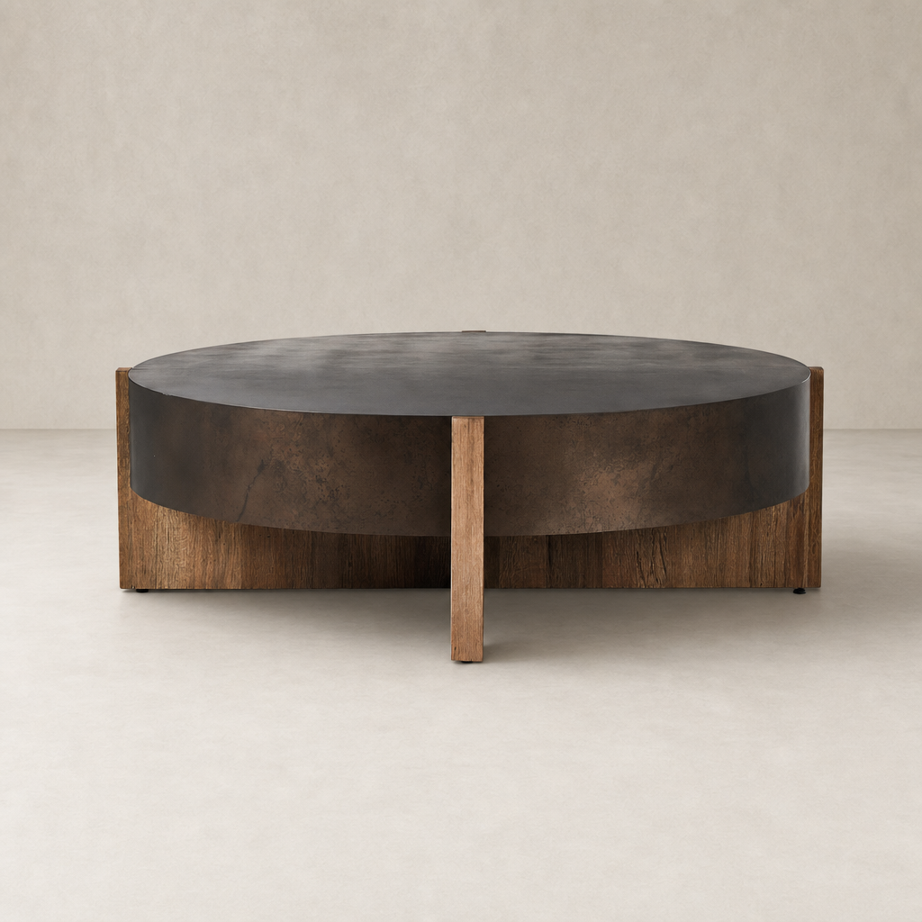 Round Ashby Large Coffee Table in distressed iron with wooden legs and rustic finish.