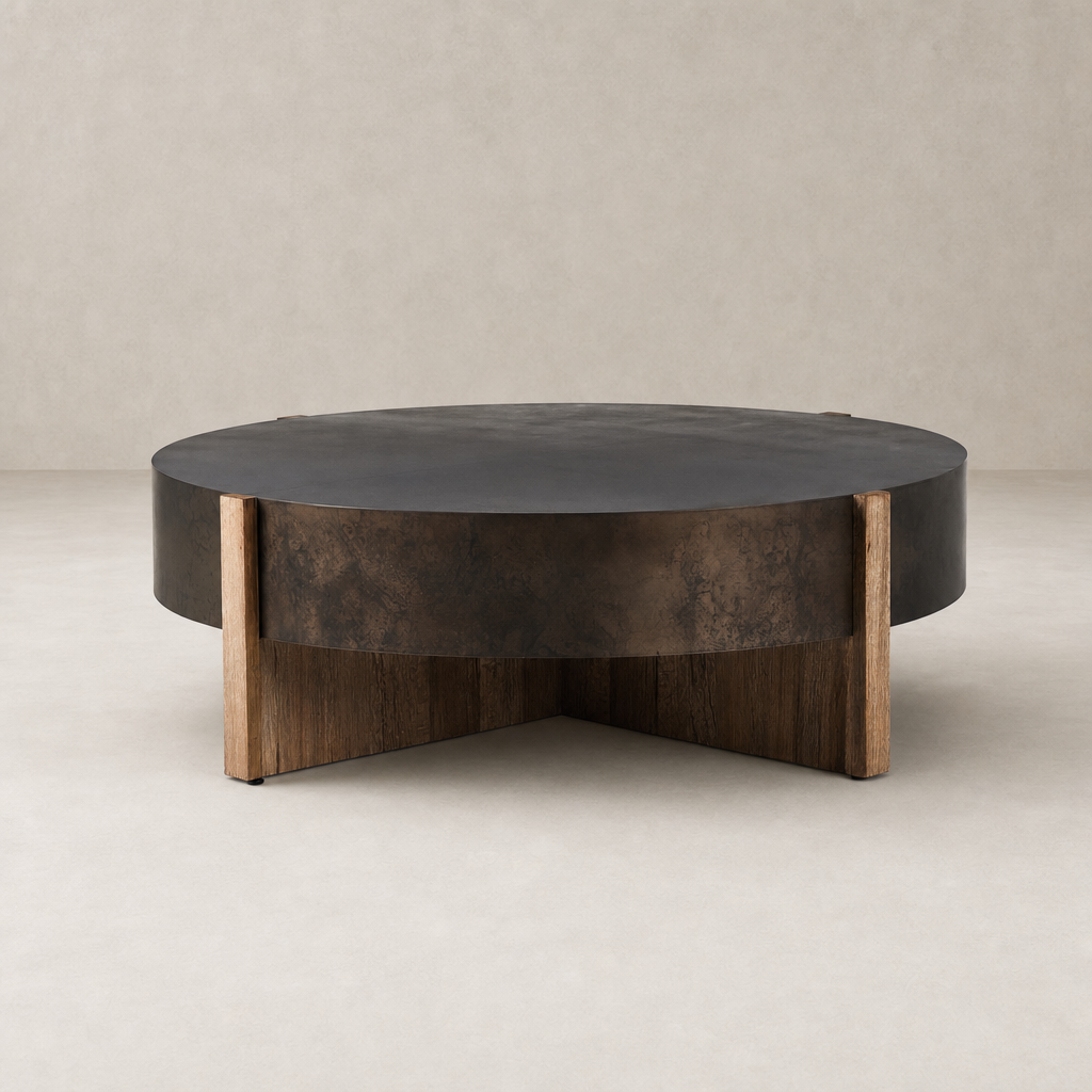 Ashby Large Coffee Table featuring a distressed iron top and wooden legs, showcasing a modern design.