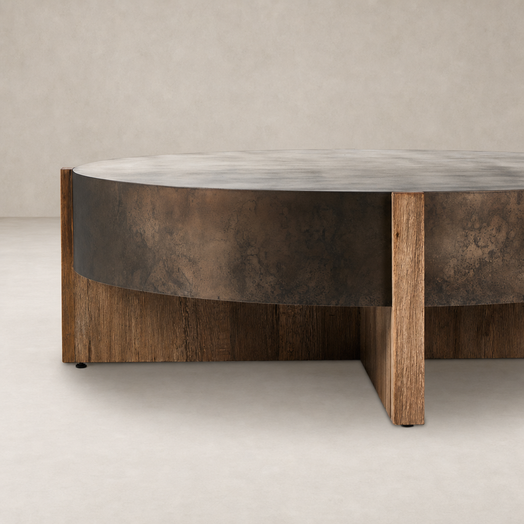 Stylish Ashby Large Coffee Table made of distressed iron with wooden legs.