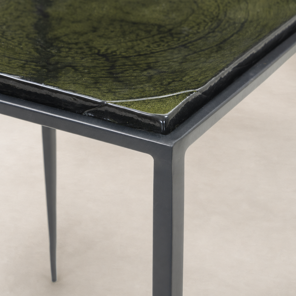 Brixton Nesting End Table Set features a unique green textured surface and sleek metal frame.