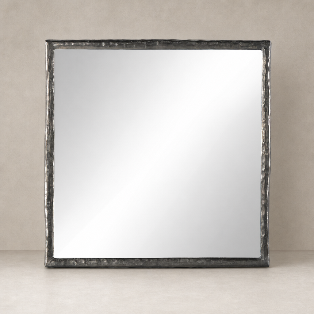 Bexley Wall Mirror features a square smoked nickel frame with a textured finish.