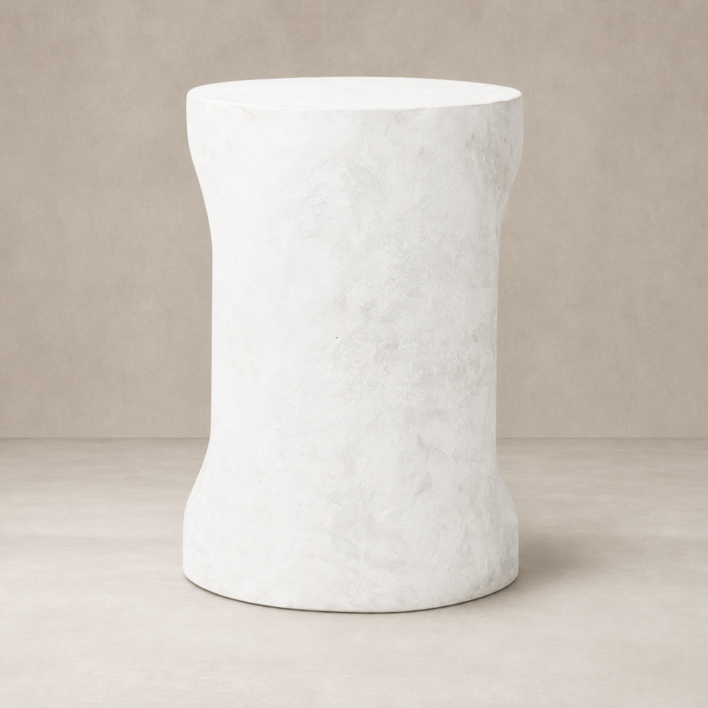 Atlas End Table featuring a sleek, modern shape in smooth, white finish.