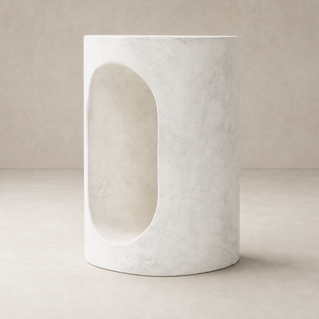 Atlas End Table featuring a sleek, white finish and modern cutout design.