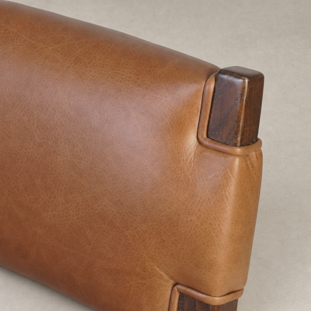 Nori Dining Chair features a Sonoma Chestnut leather back with smooth, rich texture.