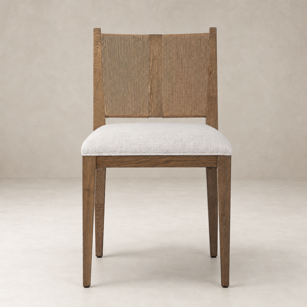 Celeste Dining Chair featuring a textured wood back and plush Dover Crescent seat.