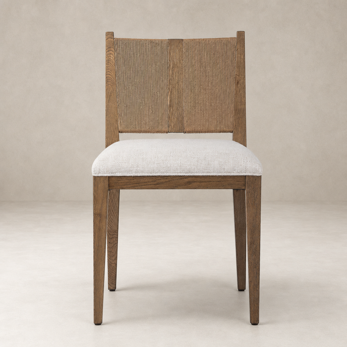 Celeste Dining Chair featuring a textured wood back and plush Dover Crescent seat.