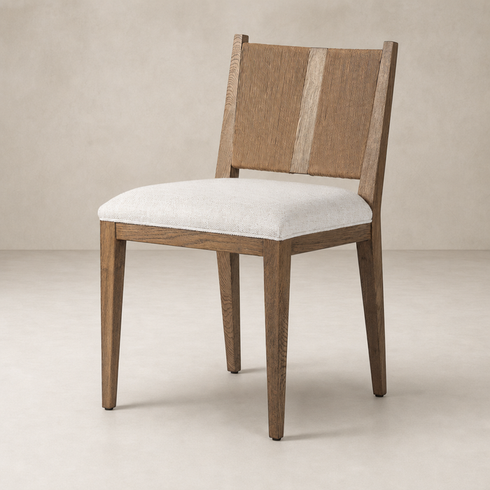 Celeste Dining Chair in Dover Crescent featuring a textured wood back and soft upholstered seat.