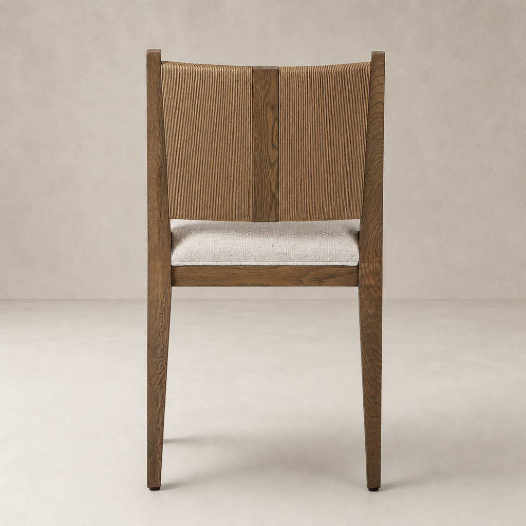 Celeste Dining Chair in Dover Crescent featuring elegant wood texture and cushioned seat.