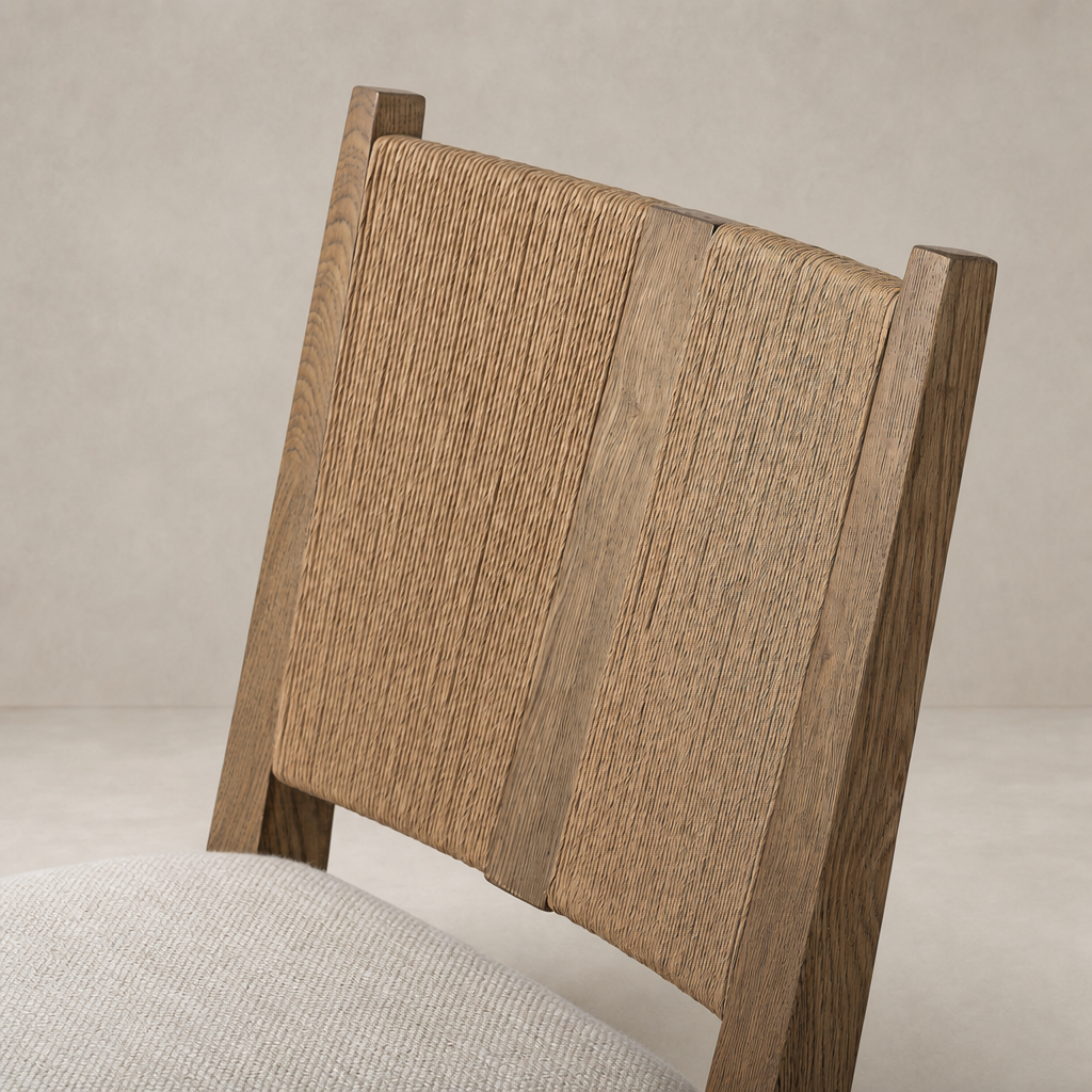 Celeste Dining Chair with textured Dover Crescent wood back and soft seat.