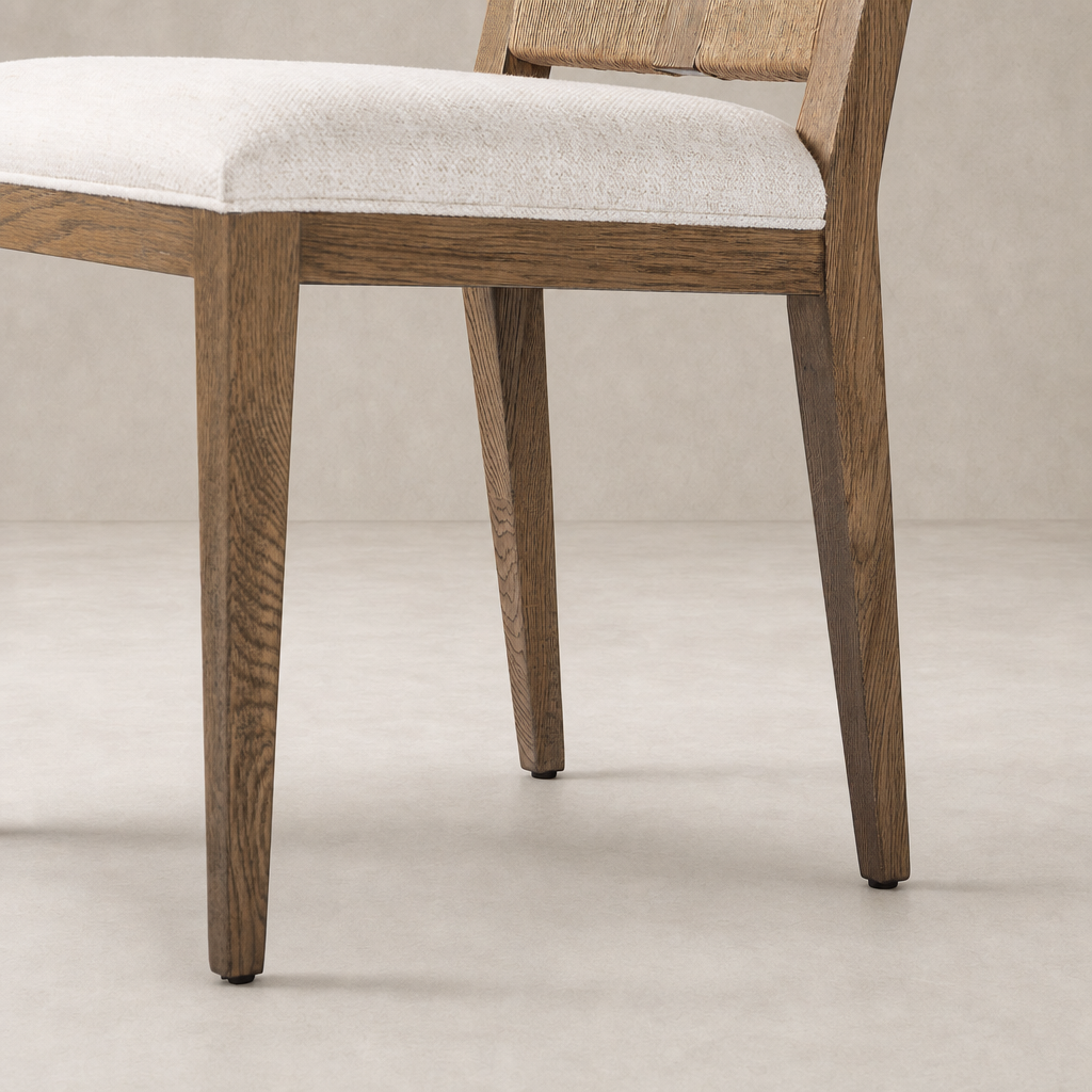 Celeste Dining Chair in Dover Crescent features a stylish wood frame and soft, textured seat.