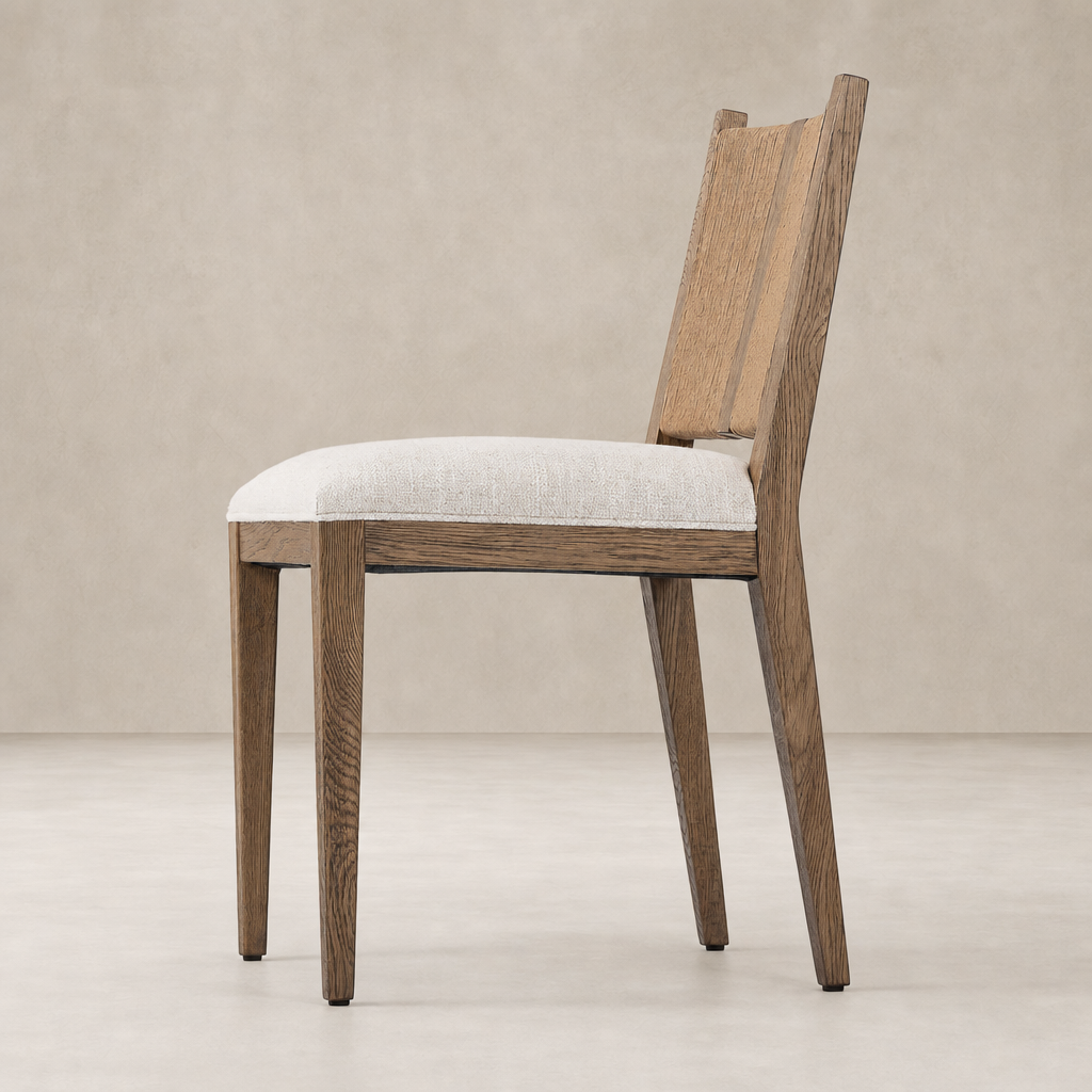 Celeste Dining Chair in Dover Crescent features a modern design with a textured seat and wood legs.
