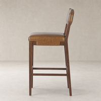 Bex Bar + Counter Stool in Sonoma Chestnut with sleek wooden frame and leather seat.