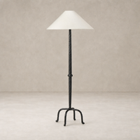 Matte black cast aluminum floor lamp with a conical white shade.