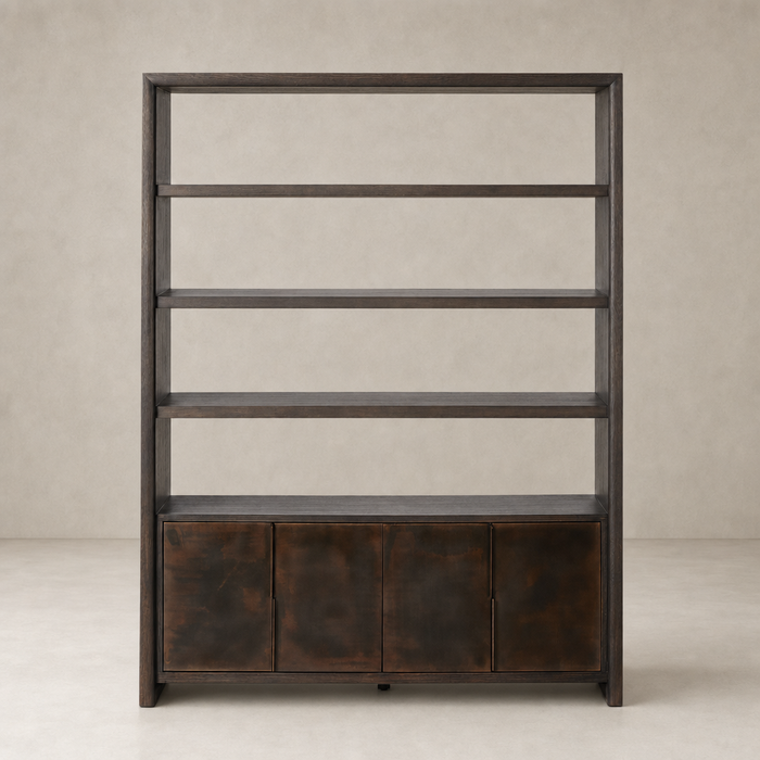 Espresso Oak Lazuli Bookcase with open shelves and stylish storage cabinets.